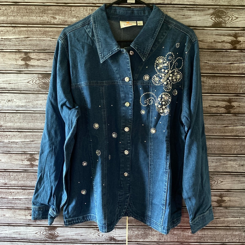 Quacker Factory Women's Button-Down Jean Jacket‎ Size L Blue Embellished NWT